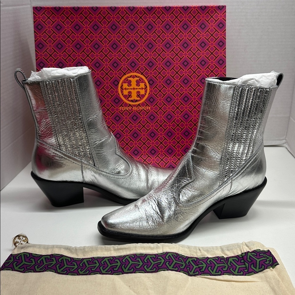 Tory Burch Western Ankle Boots Heeled Booties Leather Metallic Silver Size 8